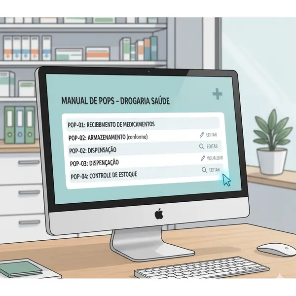 Farmacêutico com prancheta checando o POP de armazenamento de medicamentos na drogaria